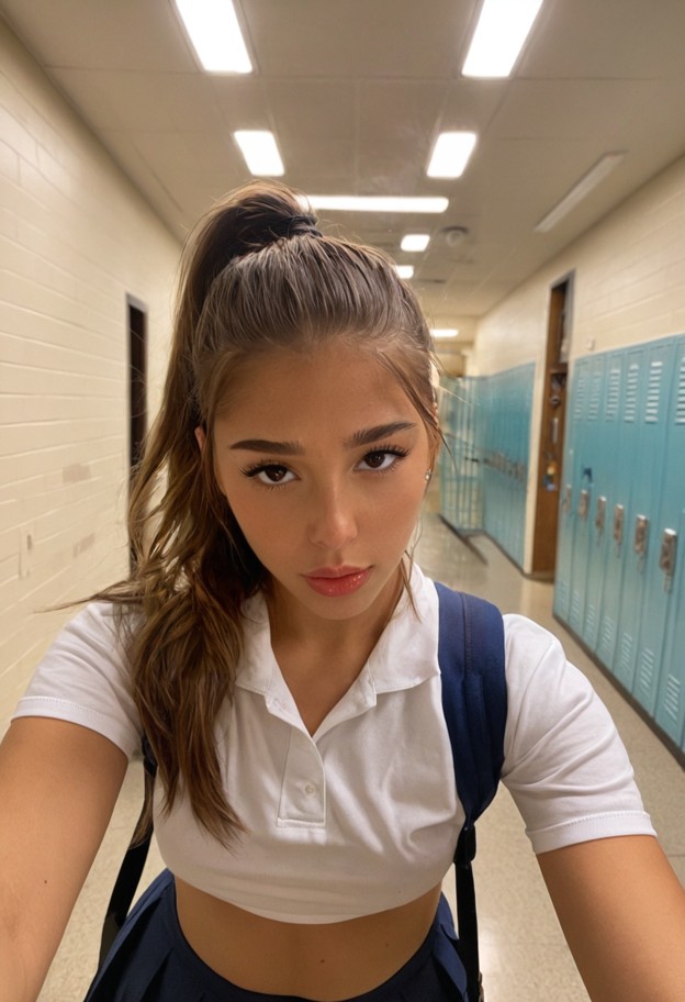 she is is standing in a school hallway looking at the floor,blue school skirt,white button-up shirt,scuffed sneakers,…