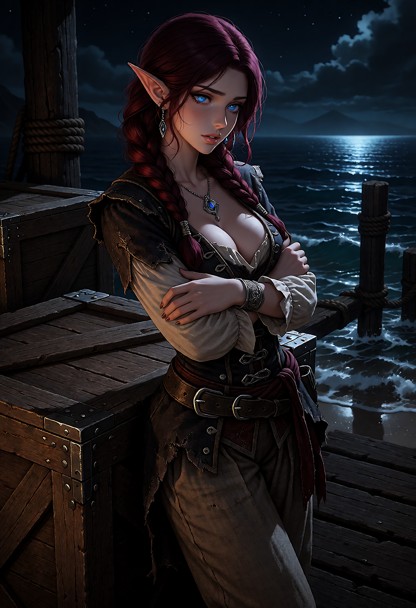 Location: moonlit wooden docks, crates piled nearby, dark sea water lapping against the pier
Position: Dramyra Blaine…