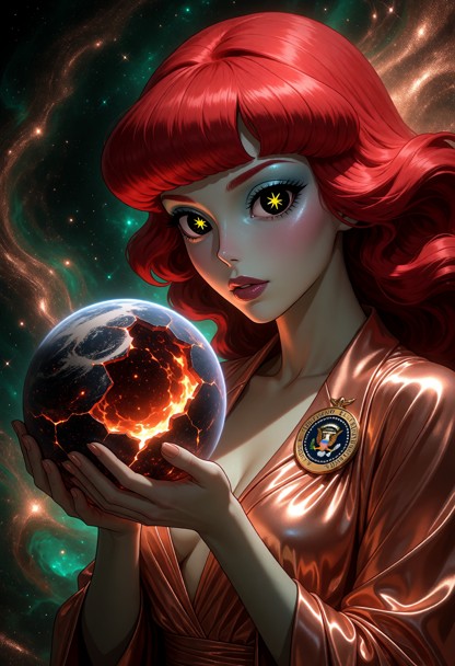 a divine woman standing amidst a swirling cosmic nebula of deep emerald green and metallic copper dust. her hands are…