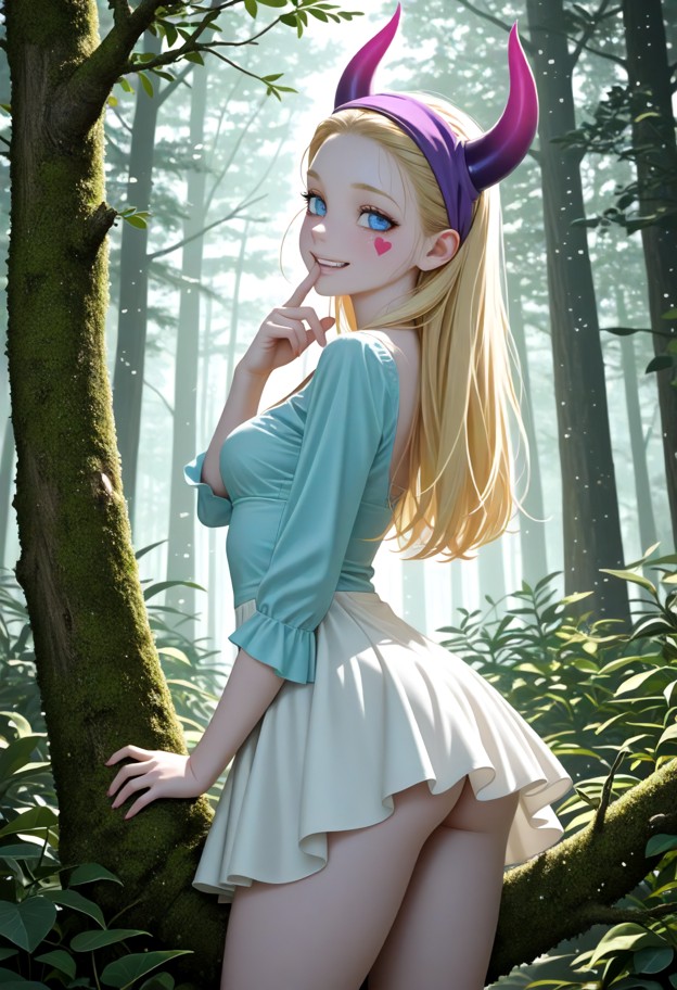 standing female,blue hair,pastel blue tight blouse,white-pale yellow flowy skirt,bare feet,forest background,moss-cov…