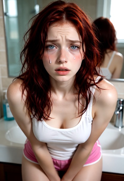 1girl pressed against bathroom sink, wearing white tank top and pink shorts, scared expression, tears, hands pinned, …
