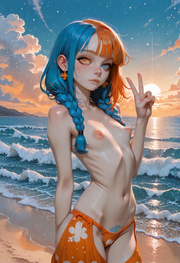 1girl,solo,one_blue_eye_one_orange_eye,petite,(tiny breasts:1.5),(bikini bottoms:1.9),topless,standing on secluded sa…