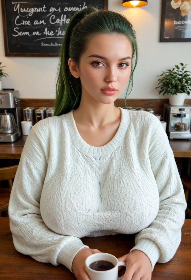 1girl,sitting,oversized sweater,twirling hair,frustrated,bored,warm coffee shop,wooden tables,plants,looking at you,solo