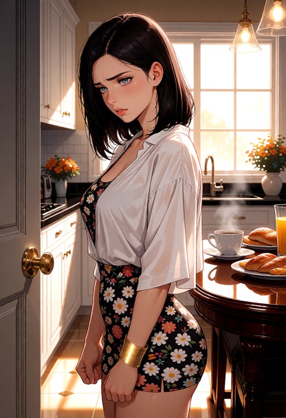 Location: bright morning in a clean and sunlit kitchen, with warm light reflecting off the polished mahogany table an…