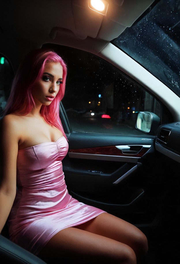 she is sitting in passenger seat,short pale pink silk strapless dress,black high heels,inside car,dark interior,stree…