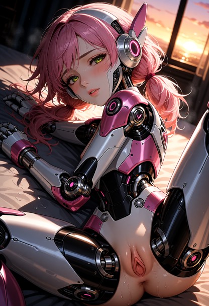 naked, pink hair, short hair, (fully naked:1.8), no underwear, innie silicone pussy surrounded my metal, (wet silicon…