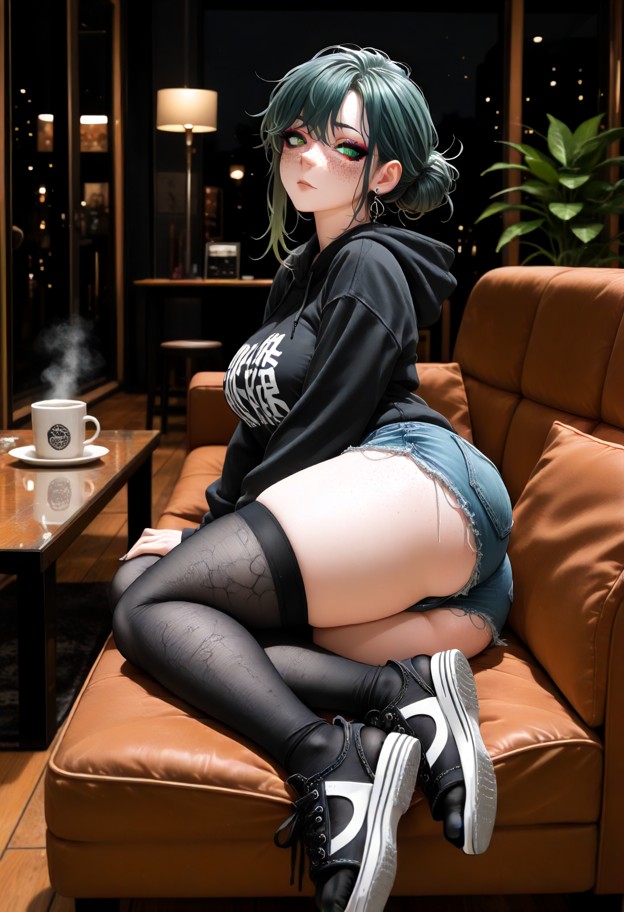 sera flops down on a couch,black cropped cotton hoodie,ripped denim shorts,black fishnet stockings,black sneakers,qui…