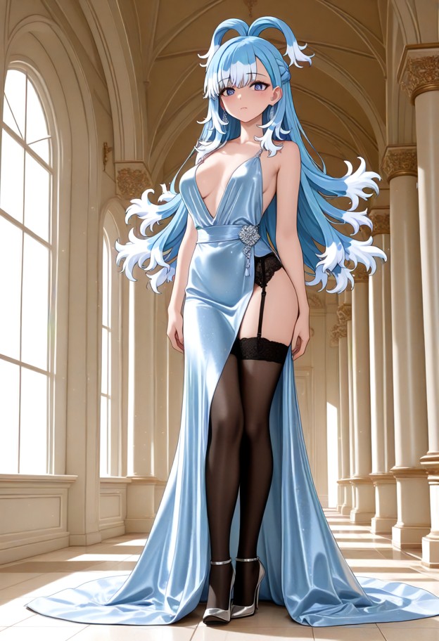 she is wearing evening dress with slit,garter belt,stockings,stiletto heels,elegant ballroom,full body,soft lighting