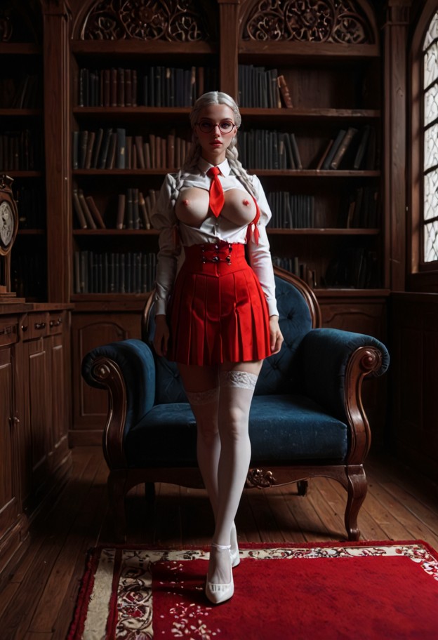 a white long-sleeved collared silk shirt. a red silk necktie red silk ribbons,a red pleated silkmini-skirt and white …