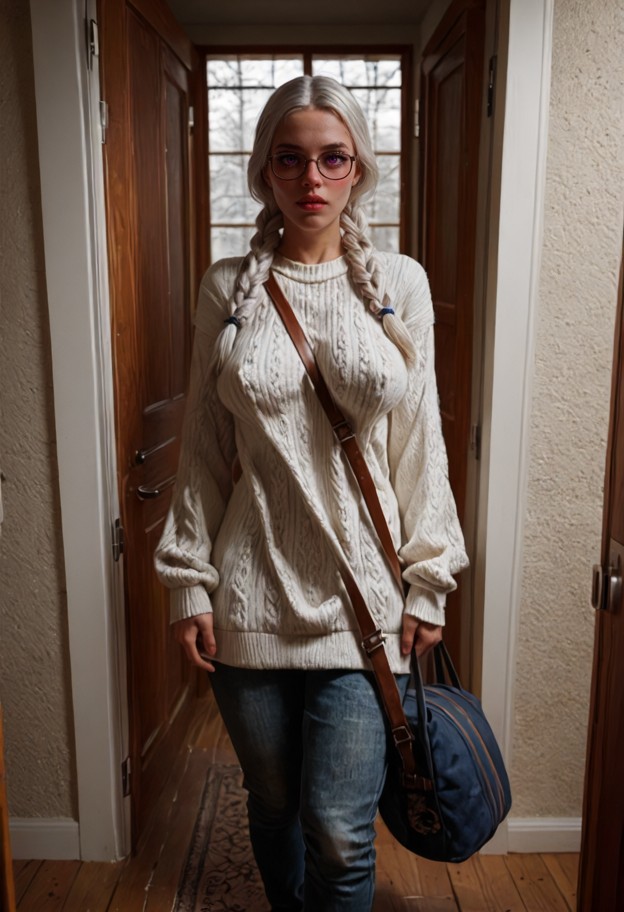 she is is standing near the door holding a duffel bag,oversized wool sweater,denim jeans,house entryway,wooden floor,…