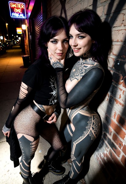 Location: dim alleyway behind a bar at night, illuminated by a flickering neon sign from the street and harsh shadows…