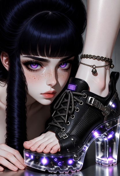 a close-up ground-level photograph focusing on Morgana's feet wearing high-tech cyberpunk platform boots. the boots f…