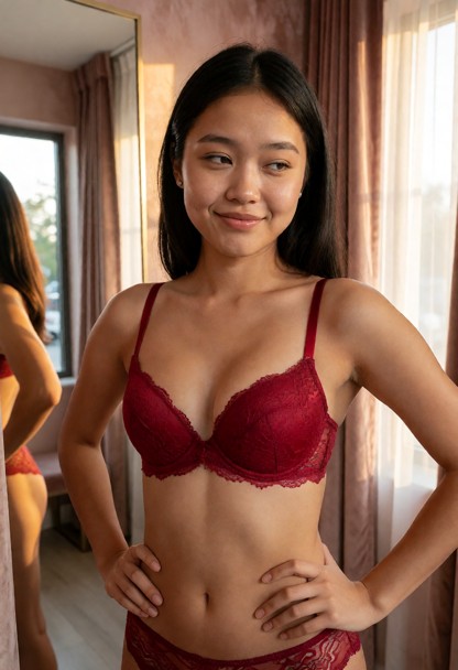 Location: bright afternoon in a boutique fitting room with soft velvet curtains, a large mirror reflecting the warm s…