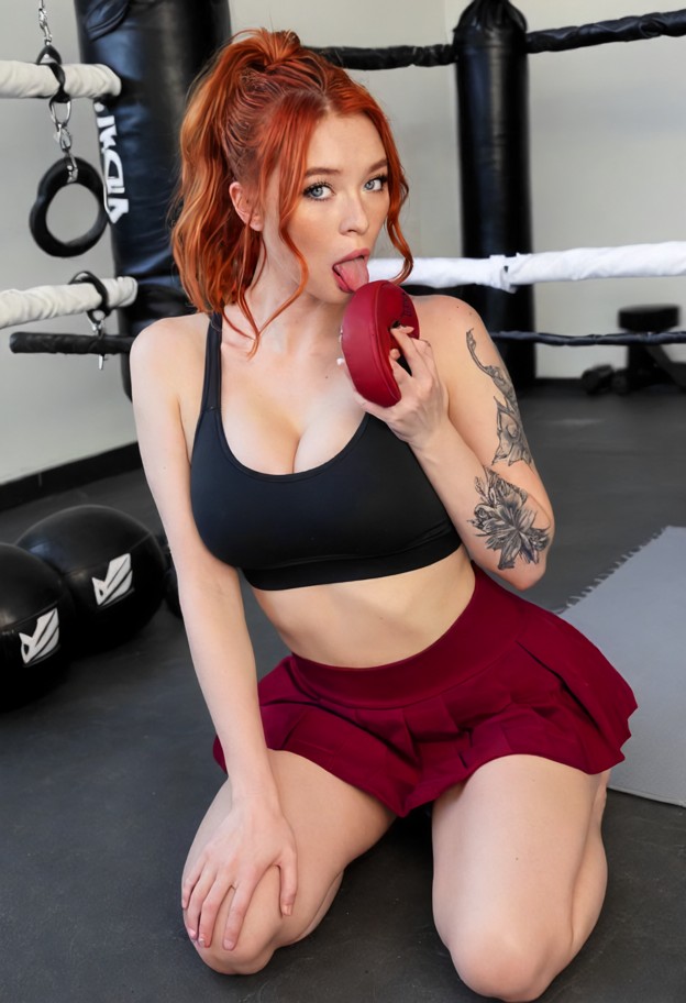 sitting on her knees,licking lips,crimson sports bra,crimson tennis skirt,naked bottom,indoor gym,grey padded mats,bl…