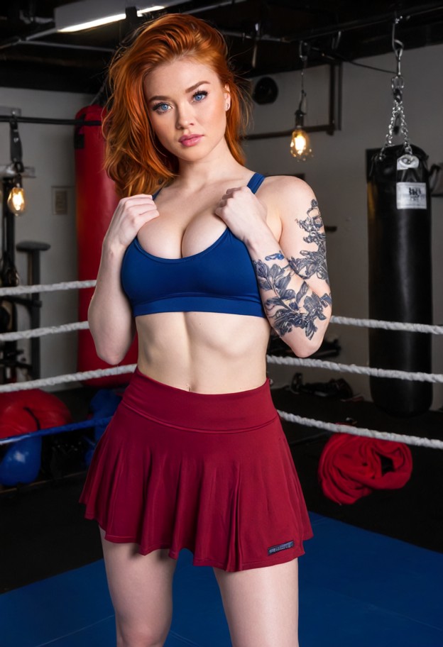 grasping her breasts,crimson sports bra,crimson skirt,training gym,blue mats,punching bags,overhead lights,looking at…