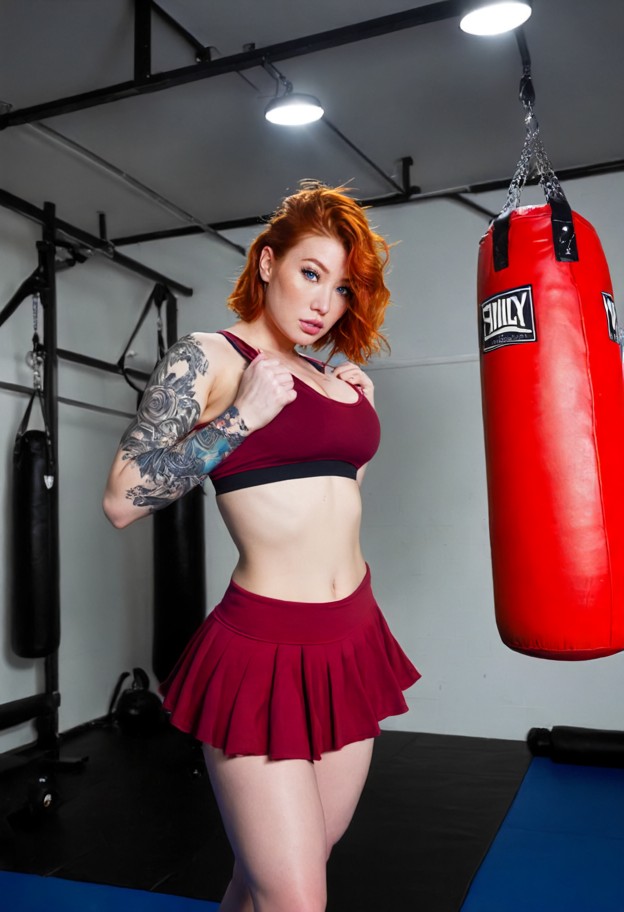 grasping her breasts over her sports bra,crimson sports bra,crimson skirt,training gym,blue mats,punching bags,overhe…