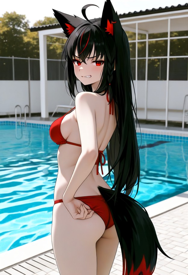 1girl,solo,standing,back to camera,looking back at camera,furrowed brows,smug grin,blushing,adjusting bikini,red biki…