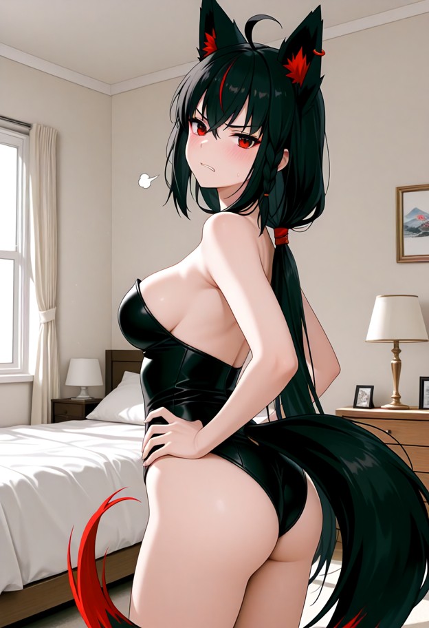 1girl,solo,standing,back to viewer,looking_back,hand_on_own_hip,playboy_bunny,annoyed,teeth,blush,full-body view,head…