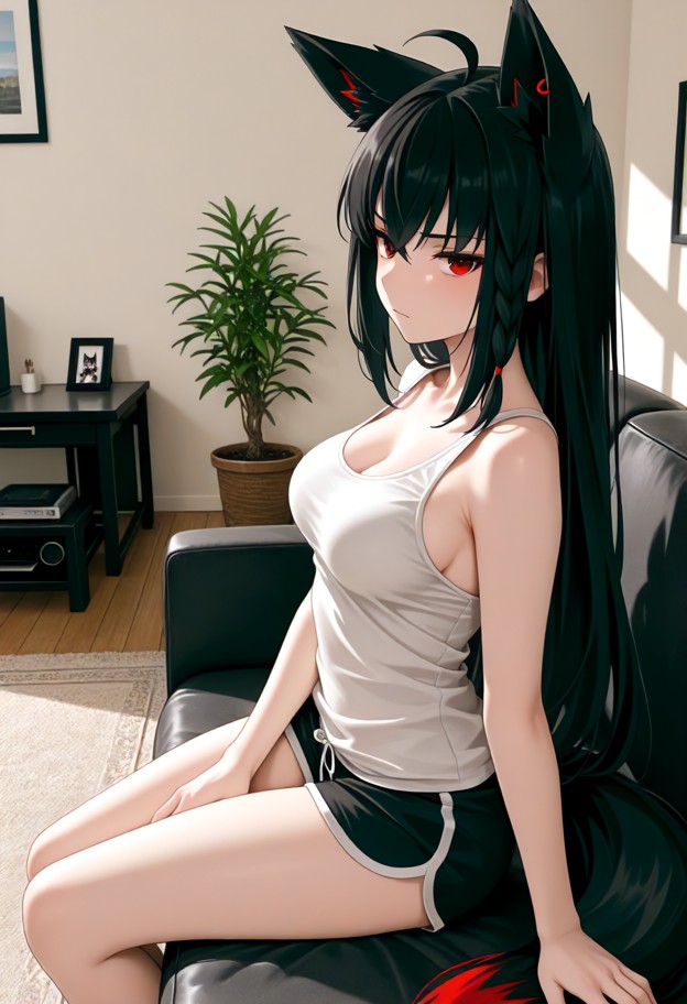 1girl,solo,sitting on couch,neutral expression,looking at camera,white tank top,black dolphin shorts,full-body view,h…