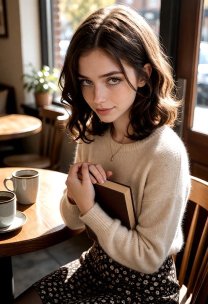 Location: cozy afternoon in a sunlit coffee shop with wooden tables, ceramic mugs, and soft light filtering through l…