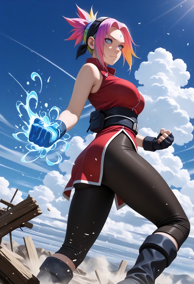 naruto shippuden anime screenshot,studio pierrot style. sakura haruno with short pink hair and a red ninja outfit,mid…