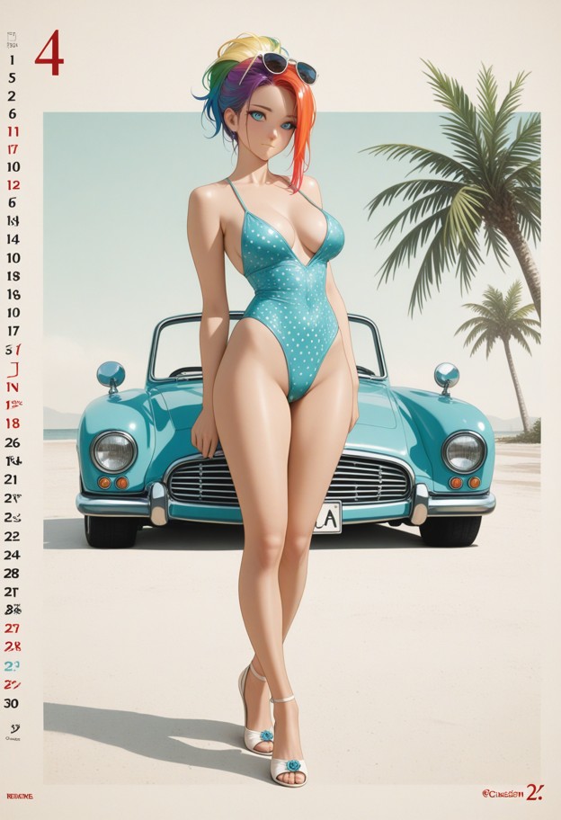 wide-angle
 full body shot,1950s vintage pin-up calendar illustration. a stunning 
woman in a high-waisted polka dot …