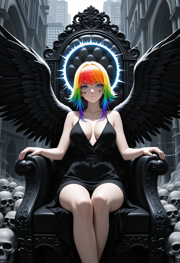 a powerful female death deity inspired by death note,sitting on a throne of skulls and old books. she has large,tatte…