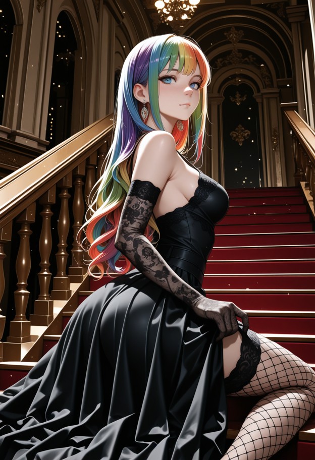 high-fashion
 editorial shot,interior of a majestic castle on a grand marble 
staircase. an elegant woman sits in a b…