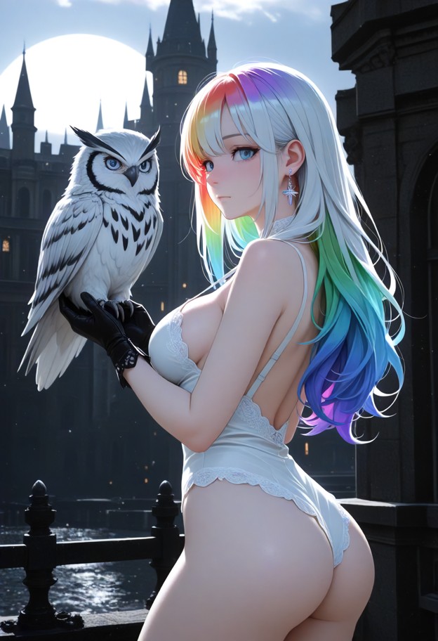 a professional female falconer standing outdoors in front of a majestic castle ruin,looking at a majestic snow owl pe…