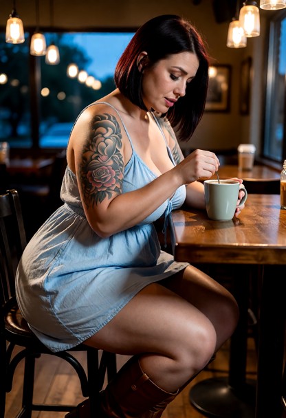 Location: inside a cozy café during dusk, where the warm ambient glow of hanging pendant lights contrasts with the de…