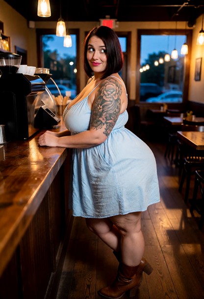 Location: inside a cozy café during dusk, where the warm ambient glow of hanging pendant lights contrasts with the de…