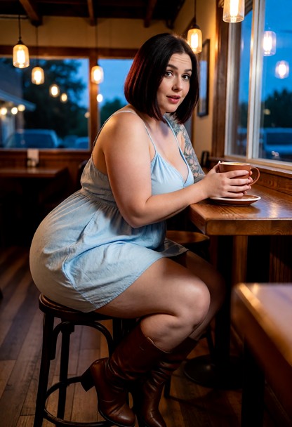 Location: inside a cozy café during dusk, where the warm ambient glow of hanging pendant lights contrasts with the de…