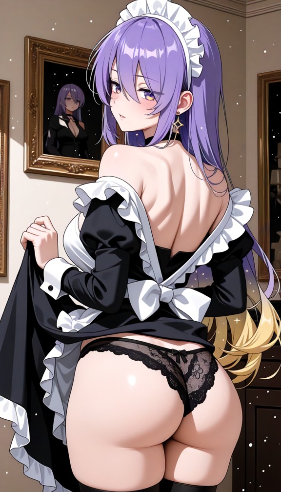 1girl,underwear,panties,ass,breasts,maid,thighhighs,black_panties,solo,maid_headdress,enmaided,indoors,clothes_lift,p…