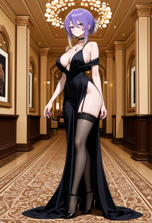 she is is standing in a ballroom,evening dress,slit dress,stockings,stiletto heels,ballroom,luxury interior,full body…