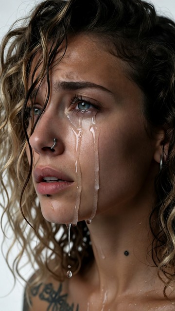 A close-up cinematic portrait of Adrianna crying, high-contrast monochrome, black and white photography. Wet strands …