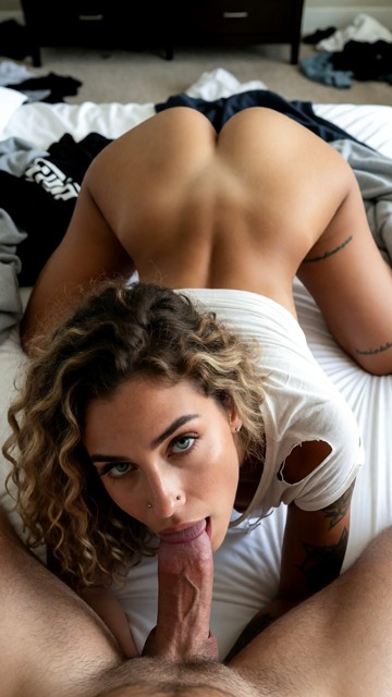 on all fours being penetrated in doggy style, ass, she is, on bed, looking at viewer, torn white shirt, naked, messy …