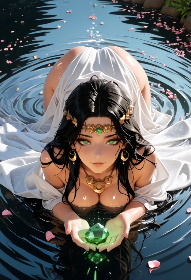 ultra-detailed anime illustration with sumi-e influence: a female goddess floats on a perfectly calm lake in the “sca…