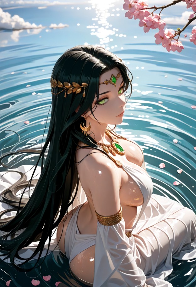 ultra-detailed anime illustration with sumi-e influence: a female goddess floats on a perfectly calm lake in the “sca…