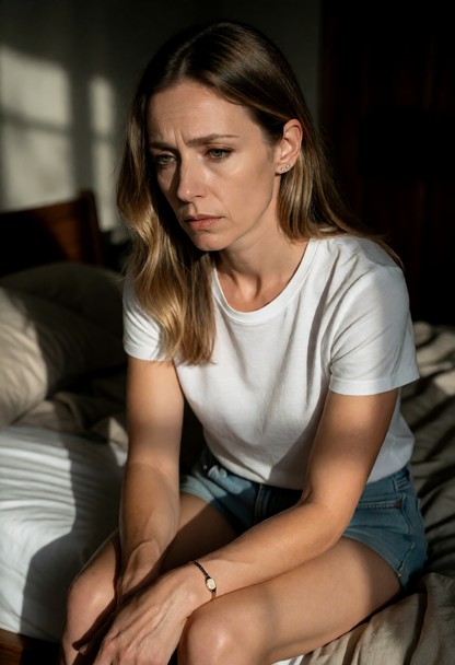Location: dim bedroom with soft afternoon light filtering through the window, casting long, muted shadows across the …