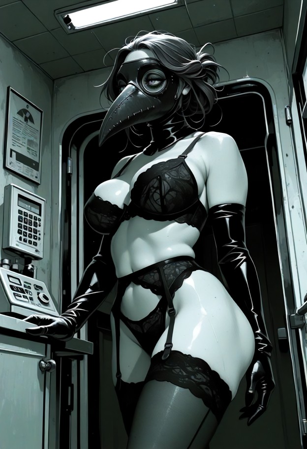 (plague doctor mask:1.7) perfect anatomy,high-contrast monochrome,black and white image of a stark,cinematic juxtapos…