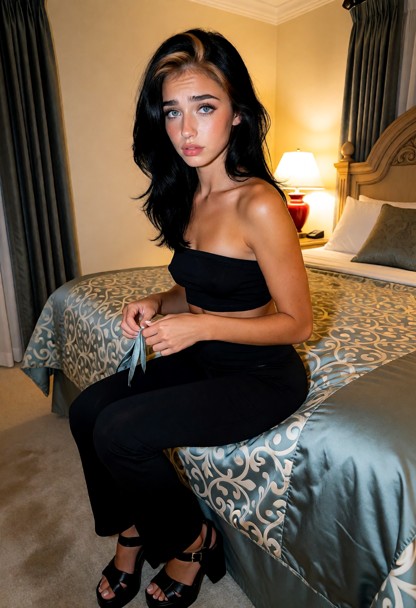 Location: late evening in a private hotel bedroom with cream walls, dark-grey drapes, and an ornate arched light-wood…