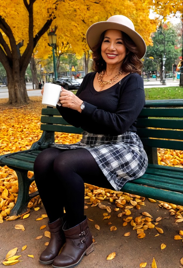 solo,sitting,cozy oversized sweater,plaid mini skirt,black tights,ankle boots,felt wide-brim hat,layered necklaces,ho…