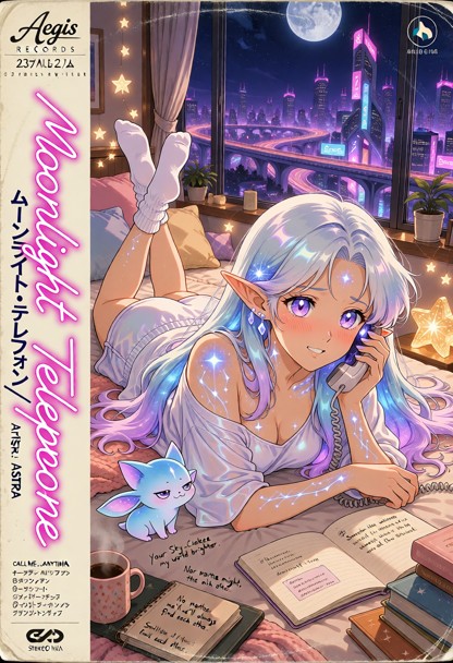 Square vintage Japanese anime single cover for “MOONLIGHT TELEPHONE / ムーンライト・テレフォン” by ASTRA, designed like a romanti…