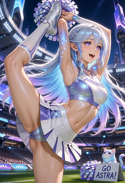 Adult Astra Virel, Starlight, a 23-year-old Luminarian woman, performing an advanced cheerleading scorpion pose insid…