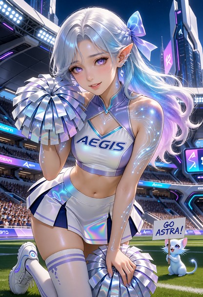 Adult Astra Virel, Starlight, a 23-year-old Luminarian woman, posing as an Aegis City cheerleader inside a huge futur…