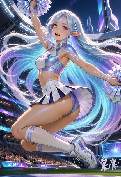 Adult Astra Virel, Starlight, a 23-year-old Luminarian woman, captured during an energetic cheerleading routine insid…