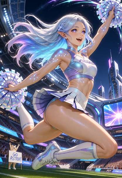 Adult Astra Virel, Starlight, a 23-year-old Luminarian woman, captured during the spectacular final move of her cheer…