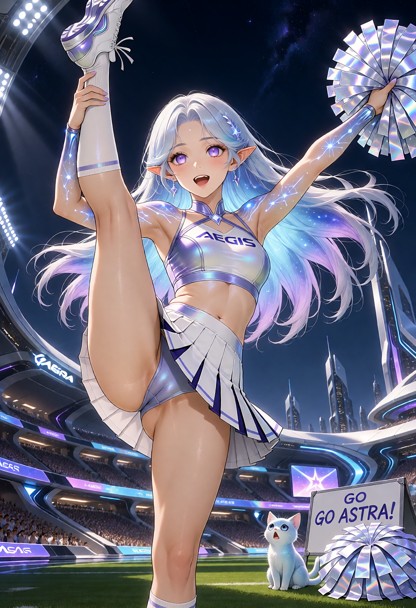 Adult Astra Virel, Starlight, a 23-year-old Luminarian woman, performing an advanced cheerleading standing split duri…