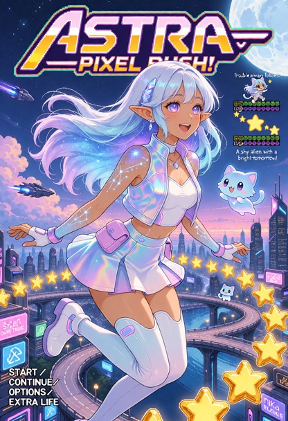 Retro 16-bit SNES-era pixel-art video game box cover titled “ASTRA: PIXEL RUSH!”, designed like a colorful lost 1990s…