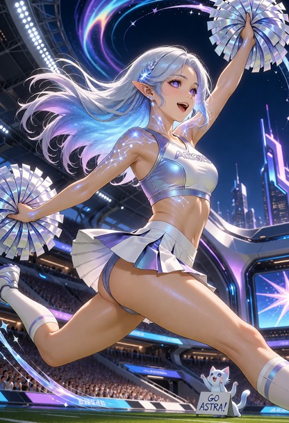 Adult Astra Virel, Starlight, a 23-year-old Luminarian woman, captured in the middle of an energetic cheerleading rou…